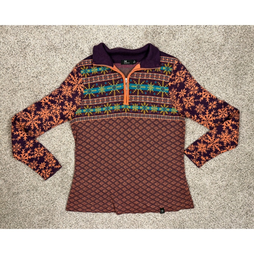 Neve‎ Sweater Quarter Zip Fair Isle Small Purple Orange Snowflake Ski